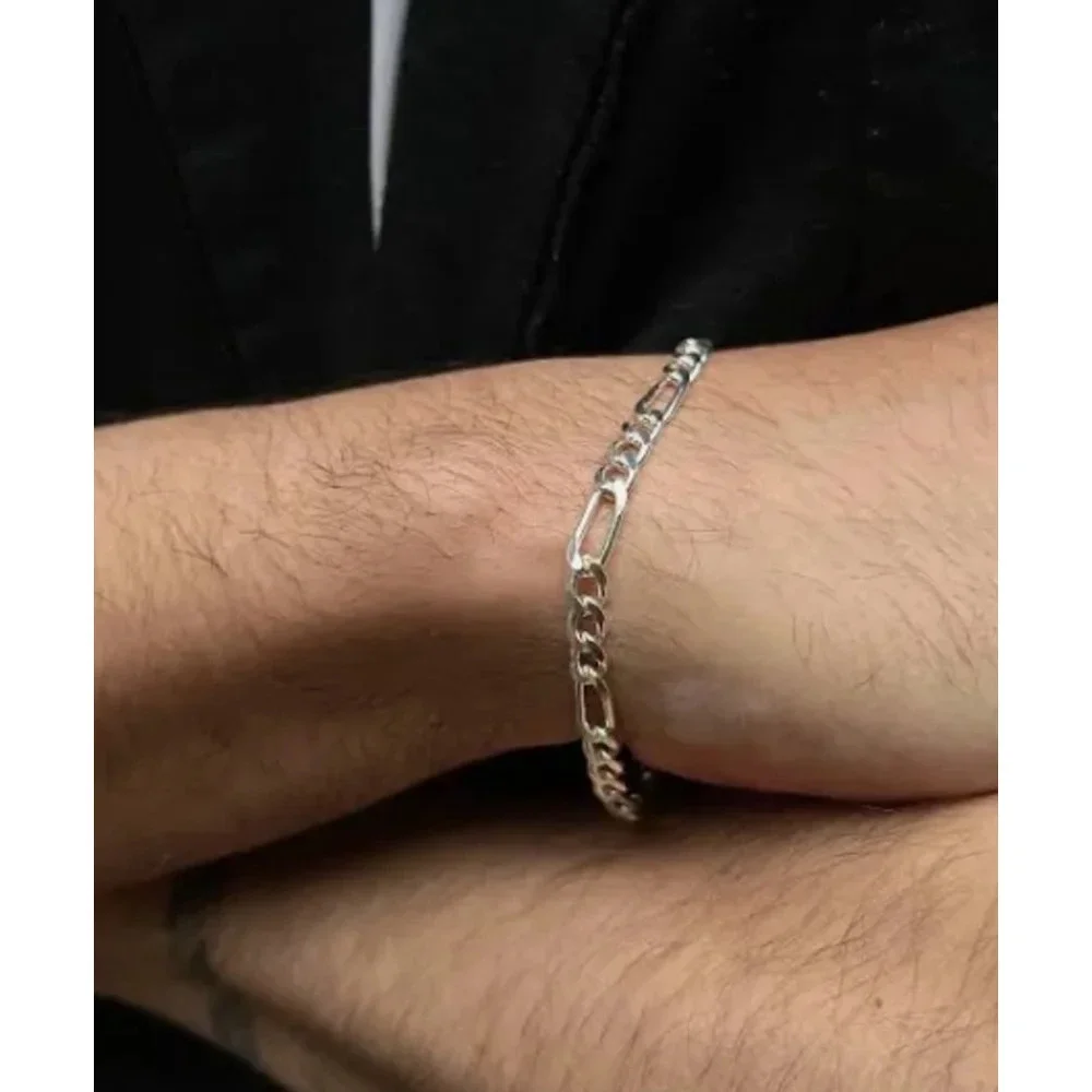 NEW Rhodium Plated 925 Sterling Silver‎ Figaro Chain Bracelet, 8”